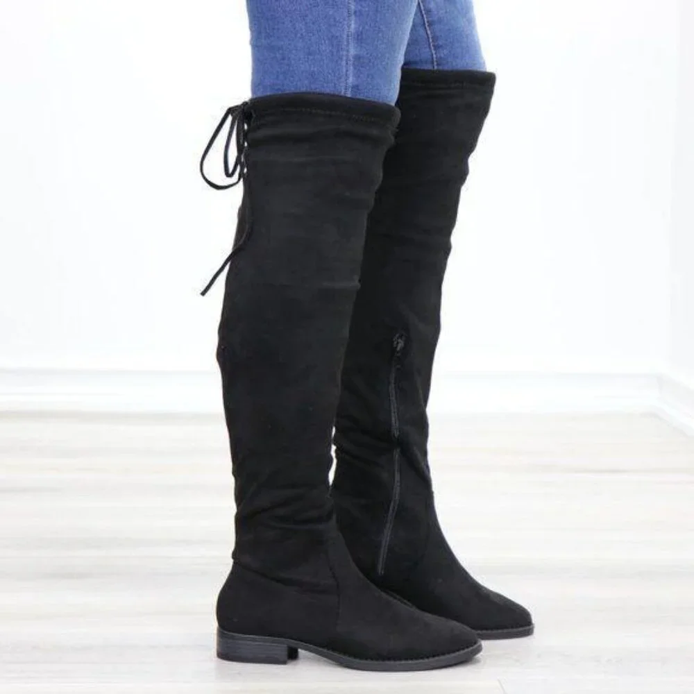 Black Suede Over the Knee Boots Low Heel Tie Back Detail